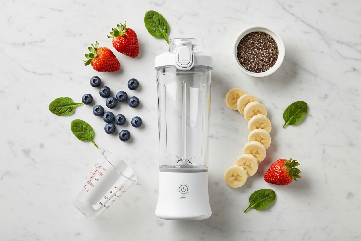 Portable blender flat lay with fresh ingredients